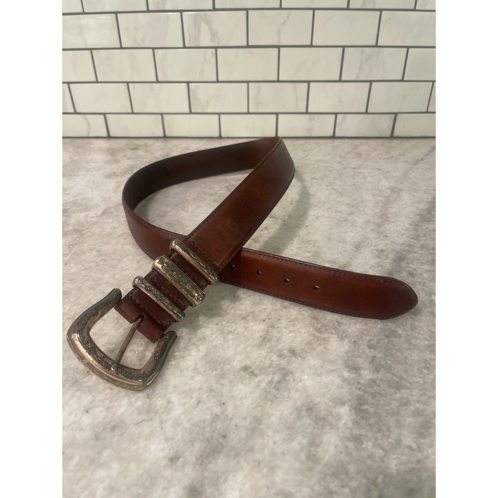 Fossil Belt Men Large Brown Leather Western Engraved Buckle 2K Utility Festival